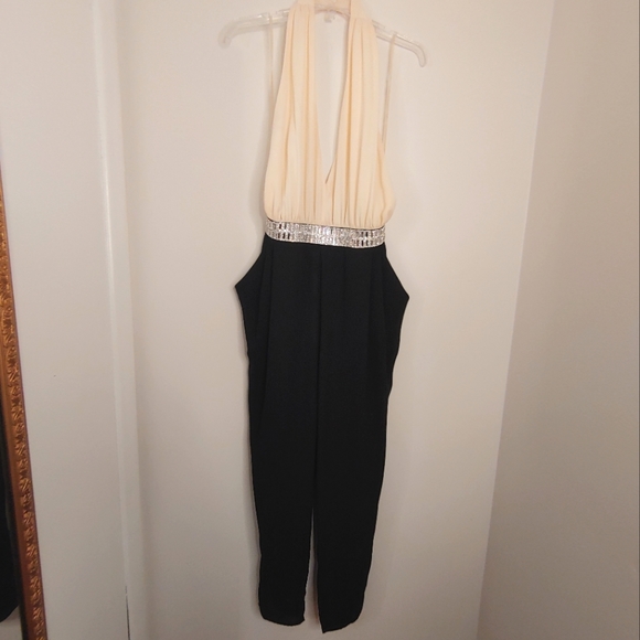 Line Up Y2k black & cream rhinestone halter jumpsuit. Size L - Picture 2 of 14